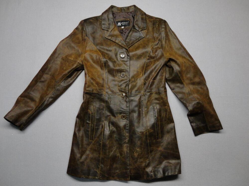 MODAC Coat Womens 42 Brown Leather Made In Italy Overcoat Lined Button Front